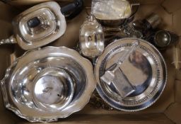 A three piece plated tea set and a group of other plated wares.