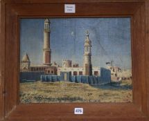 Middle Eastern School, oil on canvas board, View of a mosque, indistinctly signed, 33 x 43cm