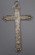 A late 19th century Hanau silver cross chased with numerous figures, import mark for Theodor