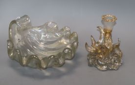 A Murano glass candlestick and an iridescent glass shell dish