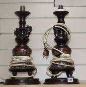 A pair of Japanese bronze and champleve enamel altar candlesticks, c.1900 converted to lamps