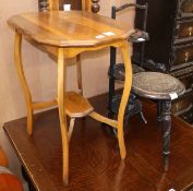 A Victorian two-tiered occasional table and japanned cake stand and a small stool W.65cm, 33cm and