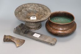 Two bowls, a box and an axe head