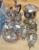 A collection of plated items, including an ice bucket, a pair of lustre table lamps and a pair of