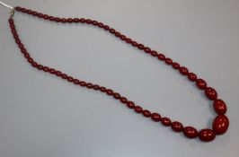 A single strand graduated simulated cherry amber bead necklace, gross weight 63 grams, 80cm.