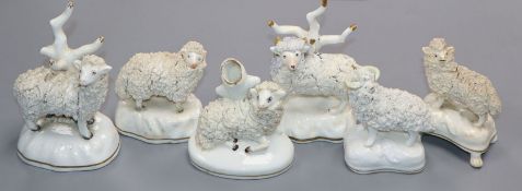 Six Staffordshire porcelain figures of sheep, c.1830-50, two modelled with ring trees, H. 8cm -