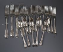 Eighteen items of 18th and 19th century silver Old English beaded pattern flatware, various dates