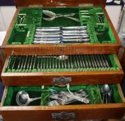 A part canteen of Queen's pattern plated flatware in oak two-drawer canteen, etc. comprising 12