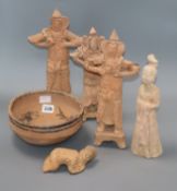 Five Chinese Tang dynasty or later pottery figures and a neolithic bowl