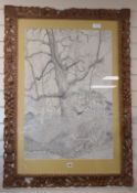 P Clarke Smith, ink and coloured pencil, study of woodland, signed, 79 x 54cm, carved pine frame