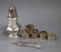 An Edwardian Brittania standard silver sugar caster, London, 1907, a pair of Victorian silver