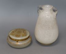 A Bohemian enamelled iridescent glass box and cover and a bubble suffused vase vase 23cm