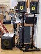 KRX Rokit 5 studio monitors with subwoofer and stands