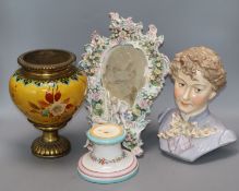 A Continental porcelain bust of a lady, an easel mirror and a brass mounted vase