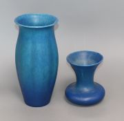 Two Pilkingtons Royal Lancastrian blue mottle glaze vases tallest 22cm