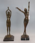 Two Art Deco style bronzes of dancers, one signed Chiparus, tallest 49cm