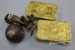 A WWI grenade lighter and two Queen Mary Christmas boxes