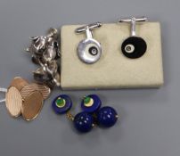 Four pairs of cufflinks: 9ct gold, lapis lazuli and two silver pairs including dog's head with