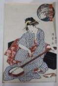 Kiyomine (1787-1868), reprinted woodblock print, Seated woman stringing an instrument, 33 x 24cm,