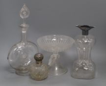 A Victorian silver collared decanter, a etched glass tazza and a Continental glass decanter