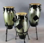 Three Pearl Elite fibreglass congas with basket stands