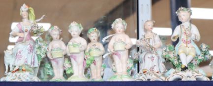 Seven Derby porcelain figures, late 18th century, including three seated figures and four cherubs,