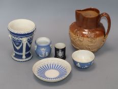 A group of Wedgwood jasper vessels, 19th/20th century and a brown stoneware jug