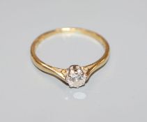 An 18ct gold and solitaire diamond ring, size Q.