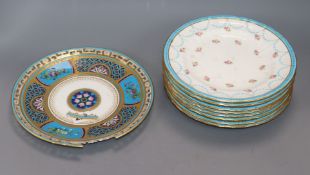 A set of eight Minton blue and gilt dessert dishes, with rosebud decoration, and another Minton dish