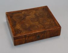 A rectangular laburnum oyster veneered glove box width 23cm