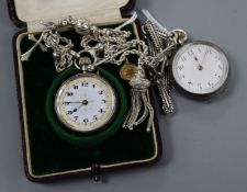 A silver pocket watch with Arabic enamelled dial on elaborate white metal chain and another silver