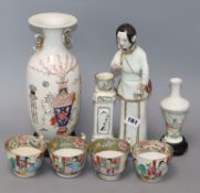 A Chinese Republic period figure of a lady, two 19th century famille rose vases and four Daoguang