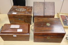 A partridge wood tea caddy, two 19th century sewing boxes and a stationery box