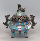 A Chinese bronze and cloisonne enamel tripod censer and cover height 30cm