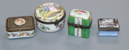 A Bilston enamel patch box, a scent bottle box and two others