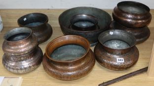 Nine Persian tinned copper bowls