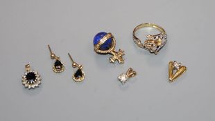 A 9ct gold, diamond and lapis lazuli orb pendant, a 9ct gold and diamond 'Panther' ring and four