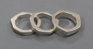 A set of three octagonal and hexagonal Gucci 925 stacking rings, size N/O.