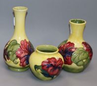 Three Moorcroft Hibiscus vases tallest 16cm