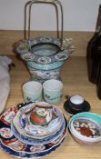 A Canton enamel basket and porcelain items