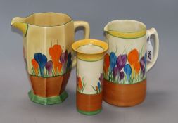 Two Clarice Cliff crocus pattern jugs and a Clarice Cliff brush pot tallest piece 21cm