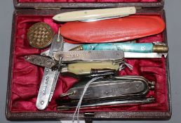 Fifteen silver, ivory, malachite and other folding penknives, including multi-function and miniature