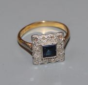 A 1930's/1940's '18ct and plat', sapphire and diamond set tablet ring, size N