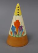 A Clarice Cliff conical shaped crocus pattern sugar shaker