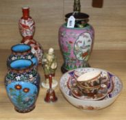 A quantity of Oriental wares including Cloisonne and Satsuma, and a Samson bowl tallest 30cm