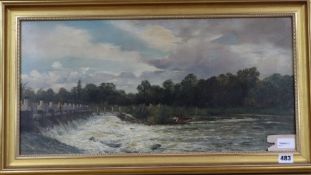 J. H. Sampson (19th century),river scene with weir, a figure in a small boat by reeds,