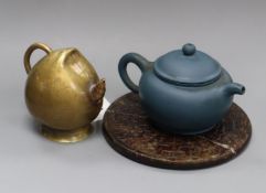 A blue Yixing teapot with seal mark, a soapstone bi and a 19th century Chinese bronze water
