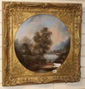 English School (19th century), oil on canvas, Mountain landscape with lake, framed tondo 50cm