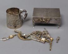 A small silver Christening mug, a silver trinket box, a silver watch chain and nine watch keys,