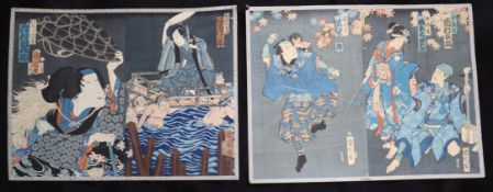 Japanese School, 2 pairs of woodblock prints, Samurai being carried across a river and Actors as